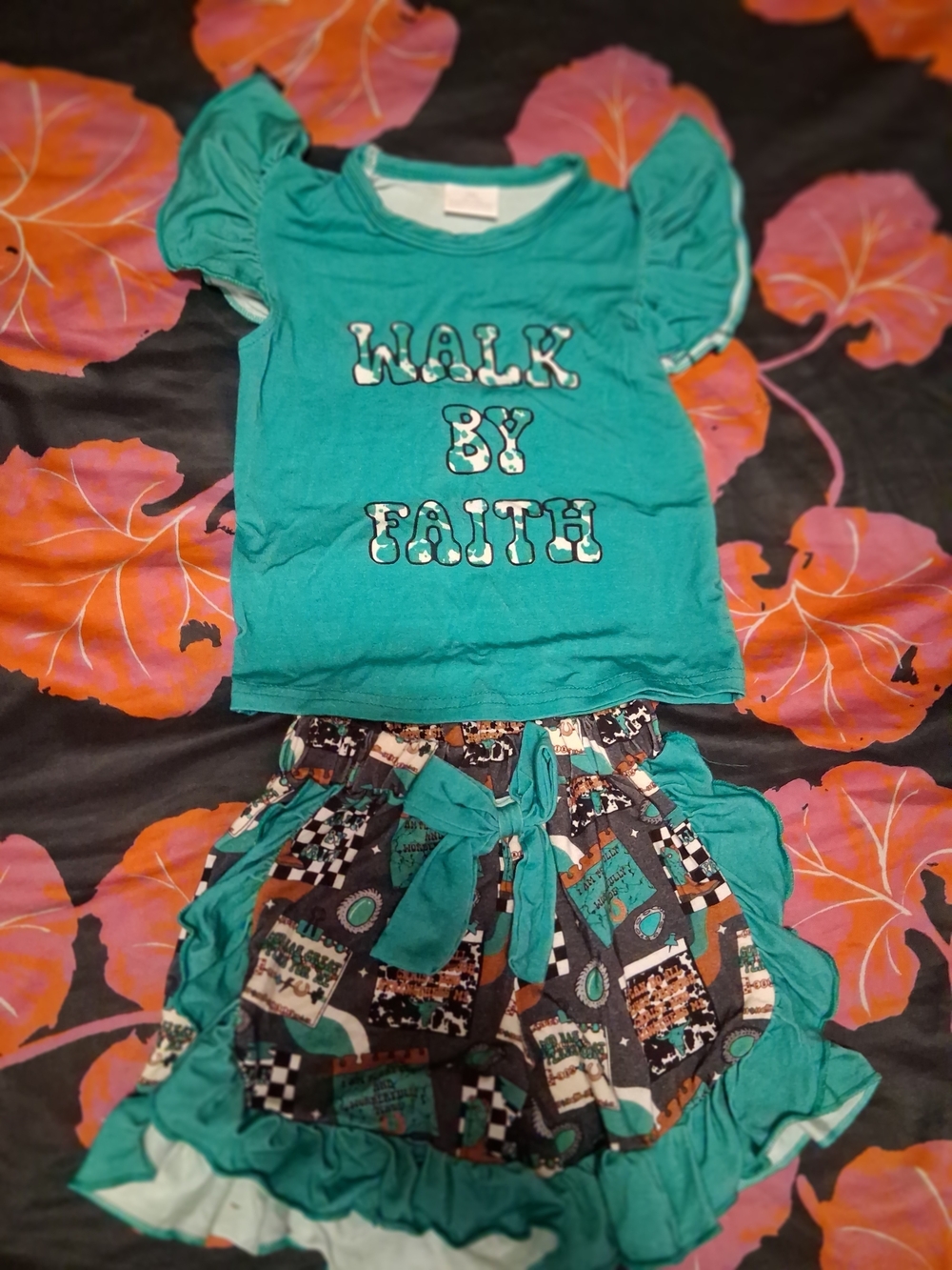 Bamboo Girls Teal "Walk By Faith" Top & Patterned Skirt Set